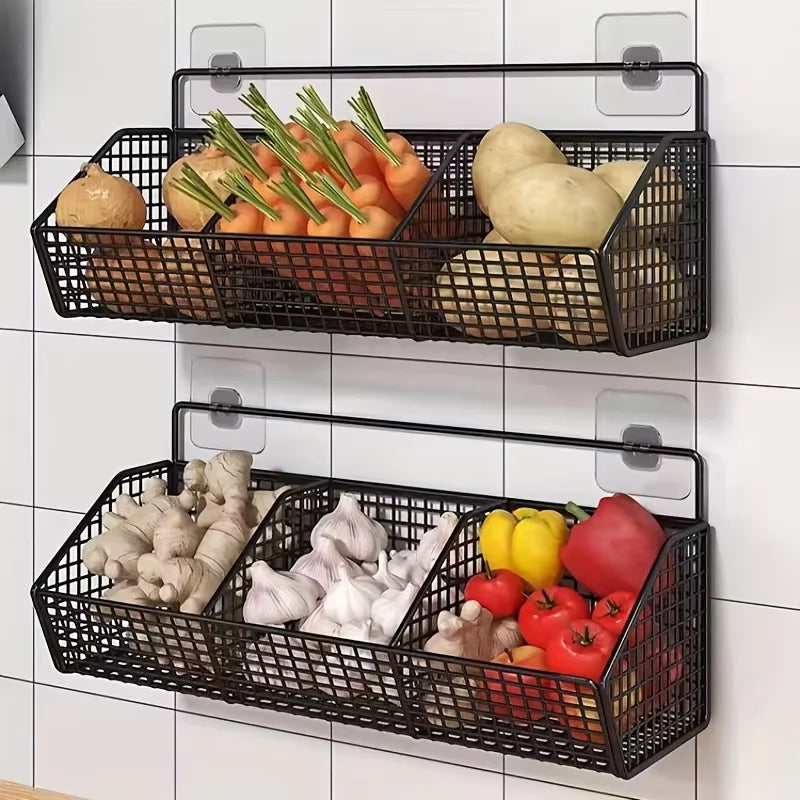 Maliben | Kitchen Basket 3in1 Storage Rack | For Onion, Garlic & Ginger | Rustproof & Wall-Mounted – Black