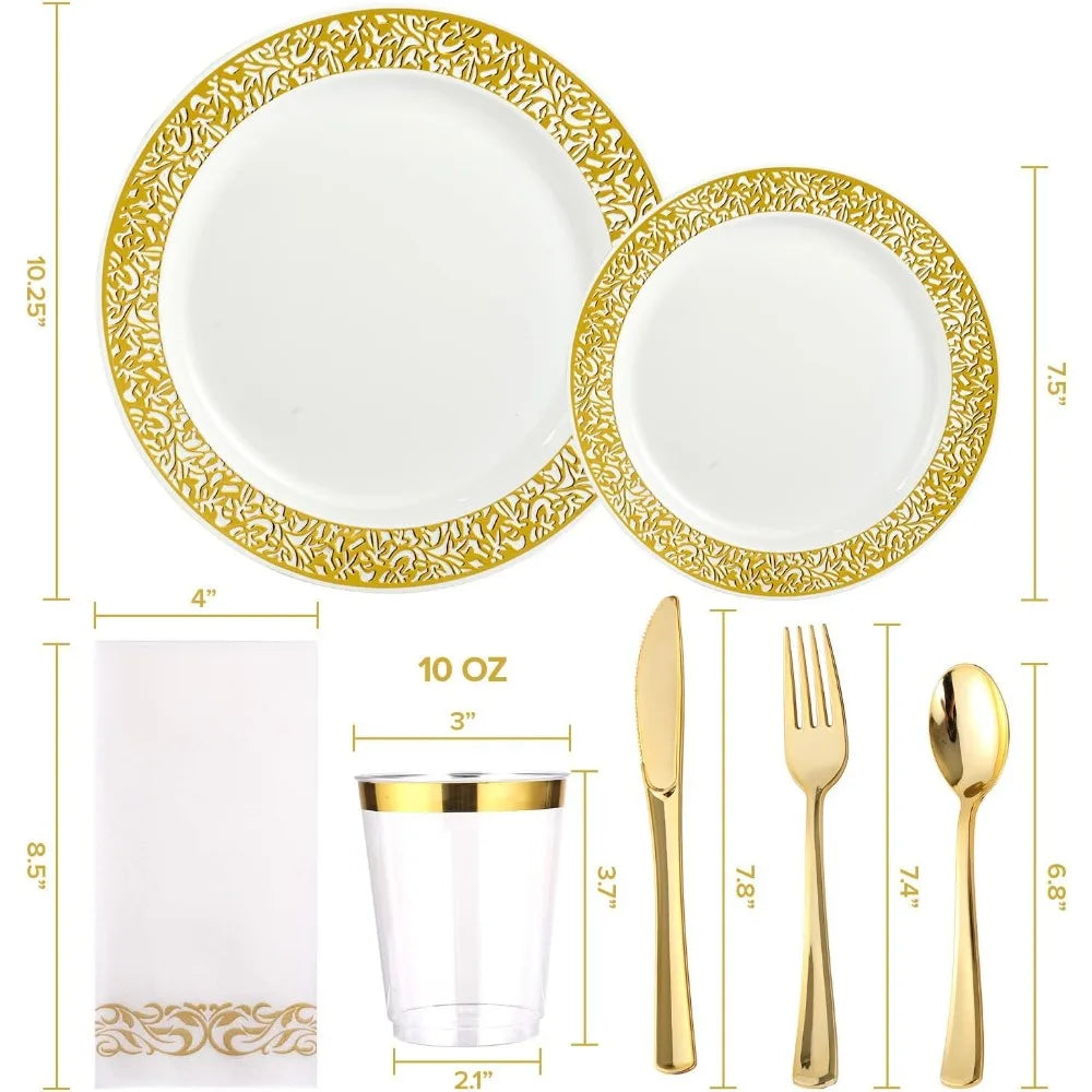 Maliben | 350pcs Disposable Gold Lace Dinnerware Set for 50 Guests