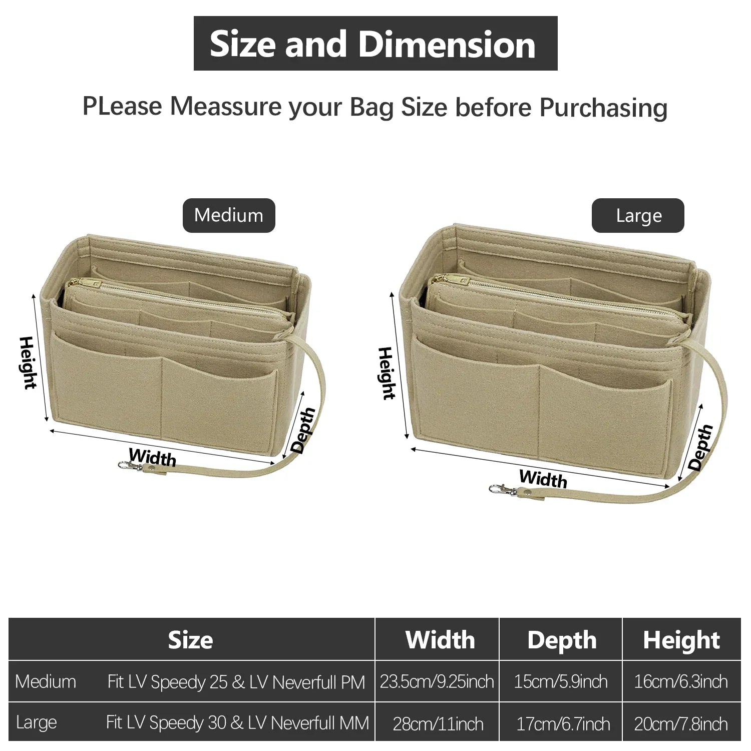 Maliben | Taschenluxe Organizer Inlay | Felt Insert With Zipper | 15 Compartments & Key Strap | For Handbags & Shoppers