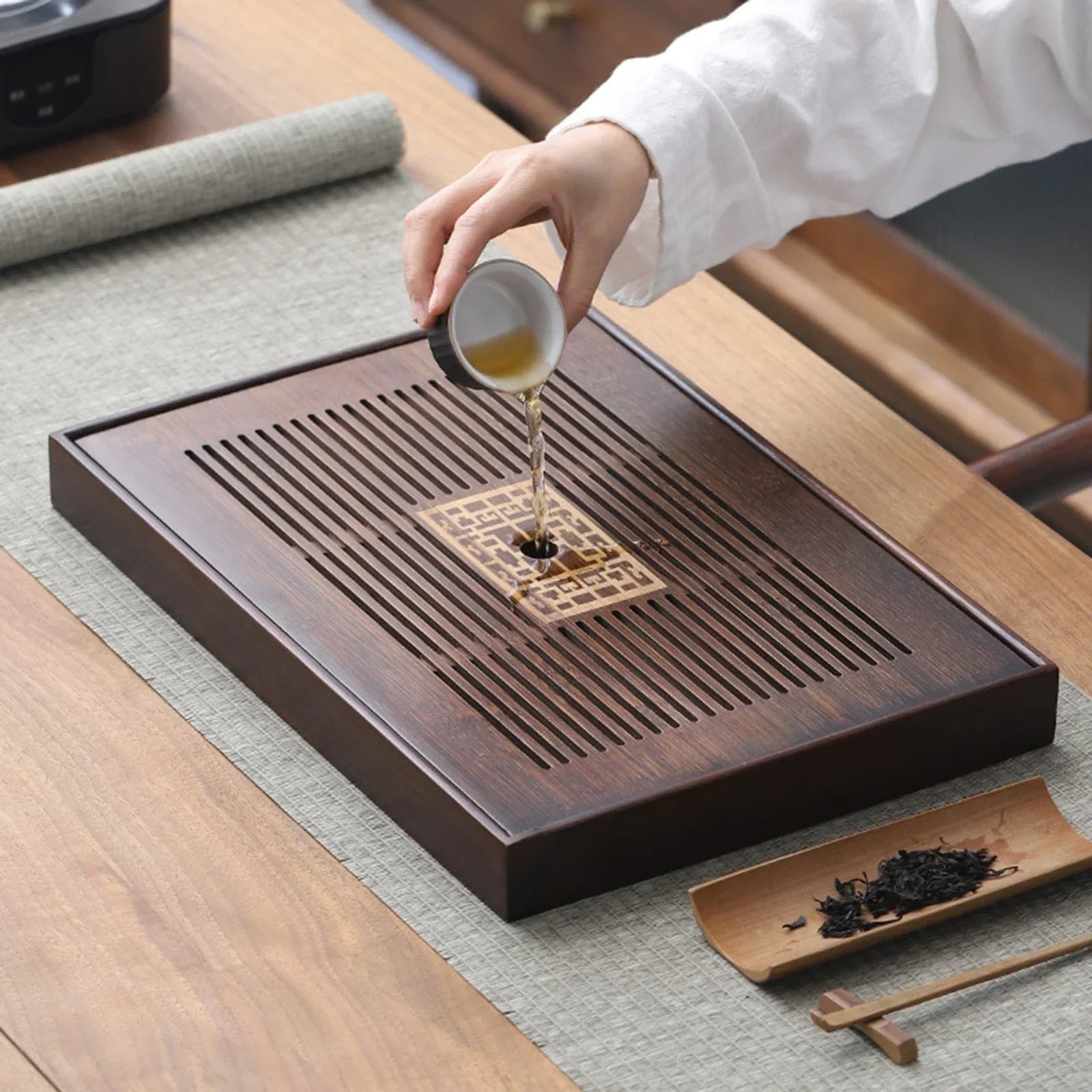Maliben | Chinese Tea Tray with Water Storage Box Durable Simple Drainage Type Plate Tea Serving Tray for Teahouse Home Household Office