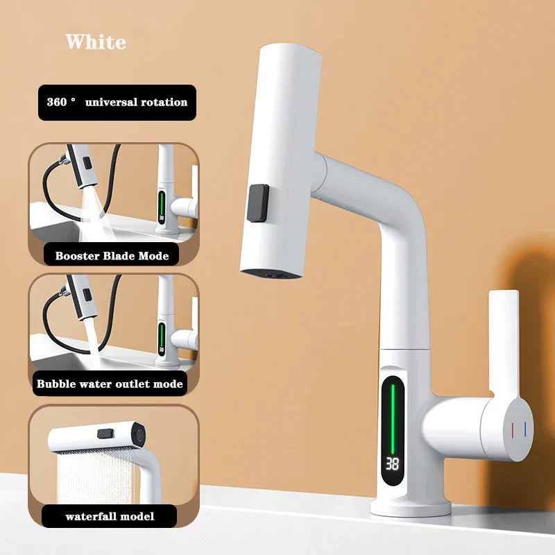 Maliben | Retractable Waterfall Faucet With Temperature Display In Stainless Steel