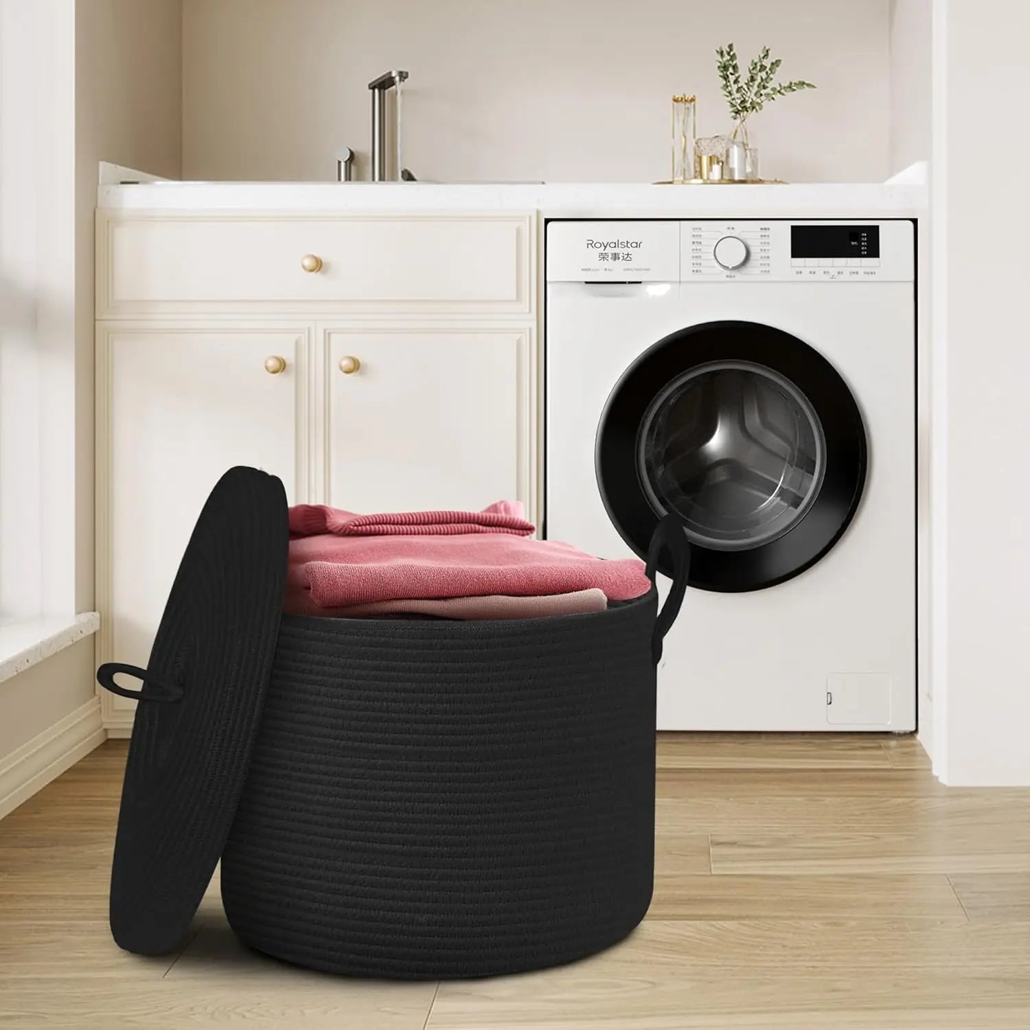 Maliben | Large Black Cotton Rope Storage Basket With Lid – Selwyn