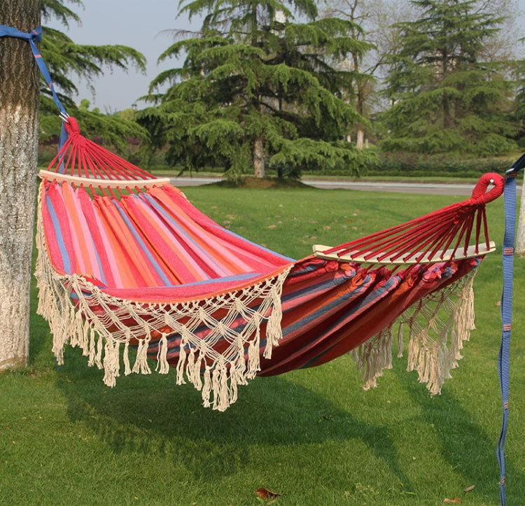 Maliben 200x150cm Double Outdoor Camping Tassel Canvas Hammock With Rod (Pink Stripes)