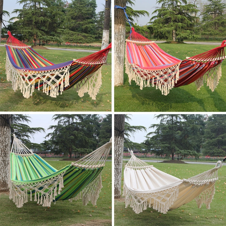 Maliben 200x150cm Double Outdoor Camping Tassel Canvas Hammock With Rod (Pink Stripes)