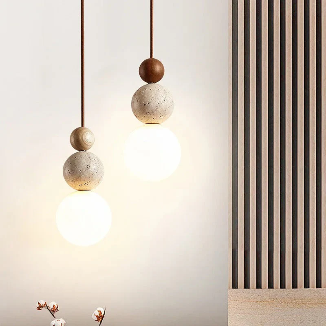 Maliben | Modern Travertine And Mahogany Pendant Light - Naturaluxe