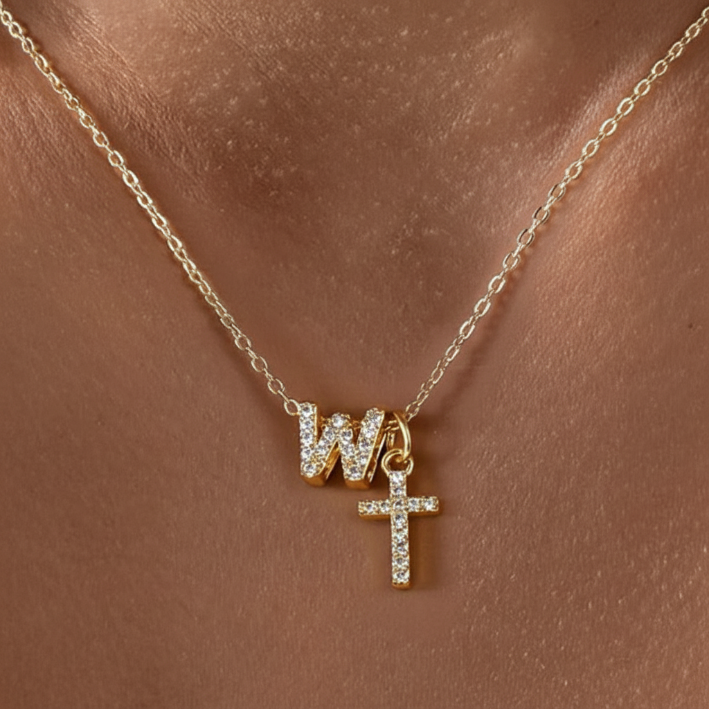 Maliben | Dainty Diamond Initial & Cross Necklace