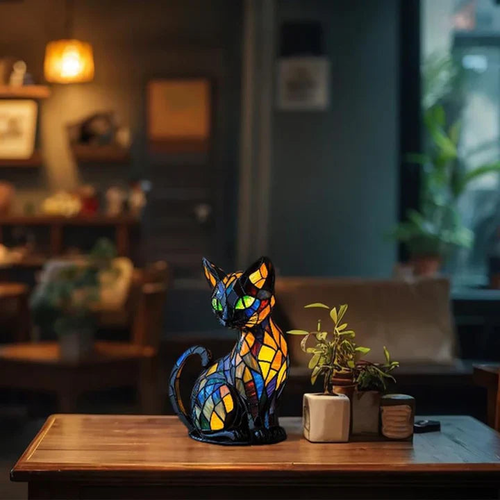 Maliben | Stained Glass Cat-Shaped Table Lamp With Led Lighting – 30-36 Cm