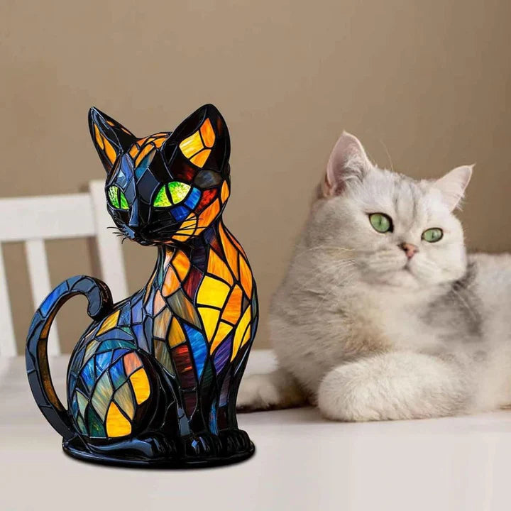 Maliben | Stained Glass Cat-Shaped Table Lamp With Led Lighting – 30-36 Cm