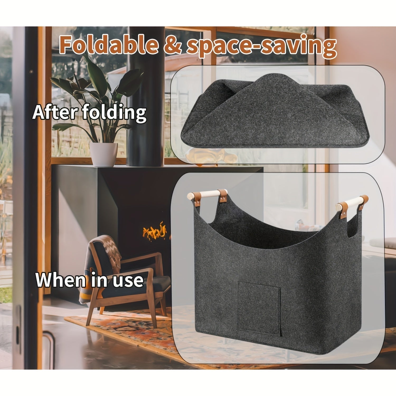 Maliben | Felt Log Basket Feldura | Collapsible | 55l Volume | With Wooden Handles & Leather Details | Dark Gray
