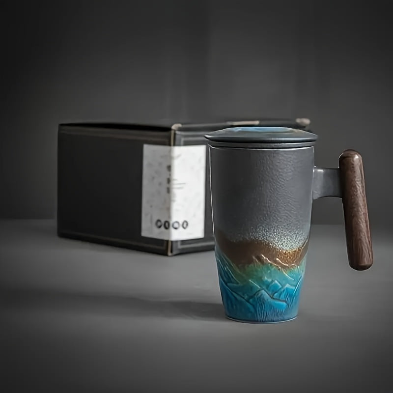 Maliben | Teacraft Ceramic Mug | Handmade | With Tea Infuser & Wooden Handle | Retro Design