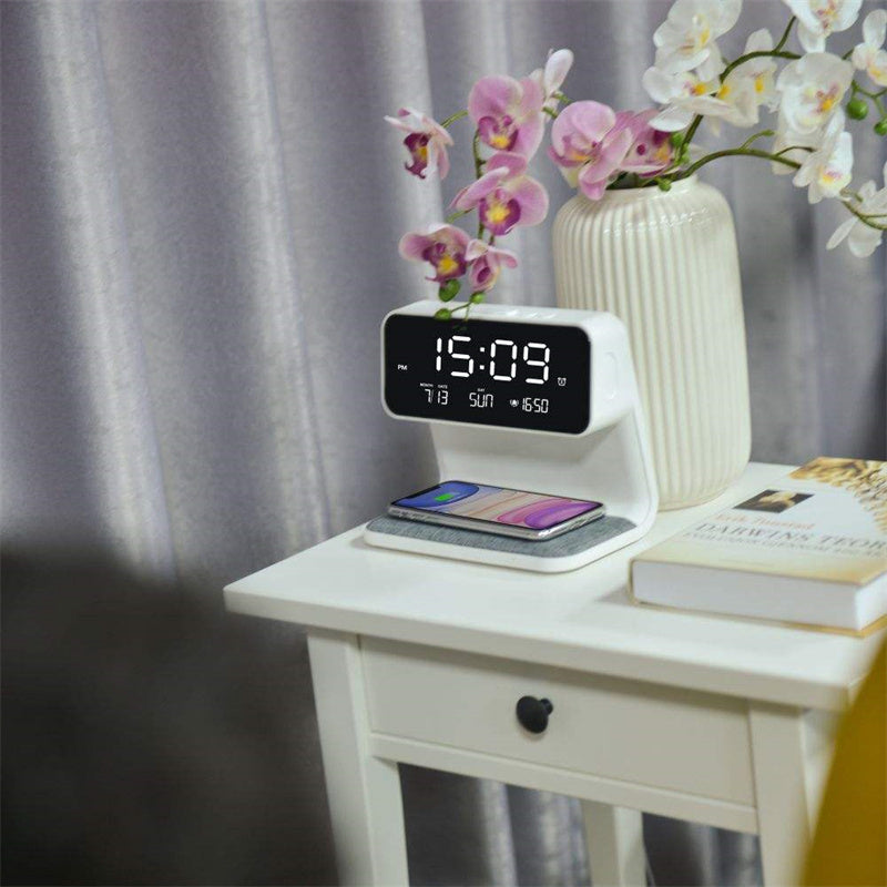 Maliben | 3 In 1 Bedside Lamp With Wireless Charger Lcd Alarm Clock And Dimmable Led