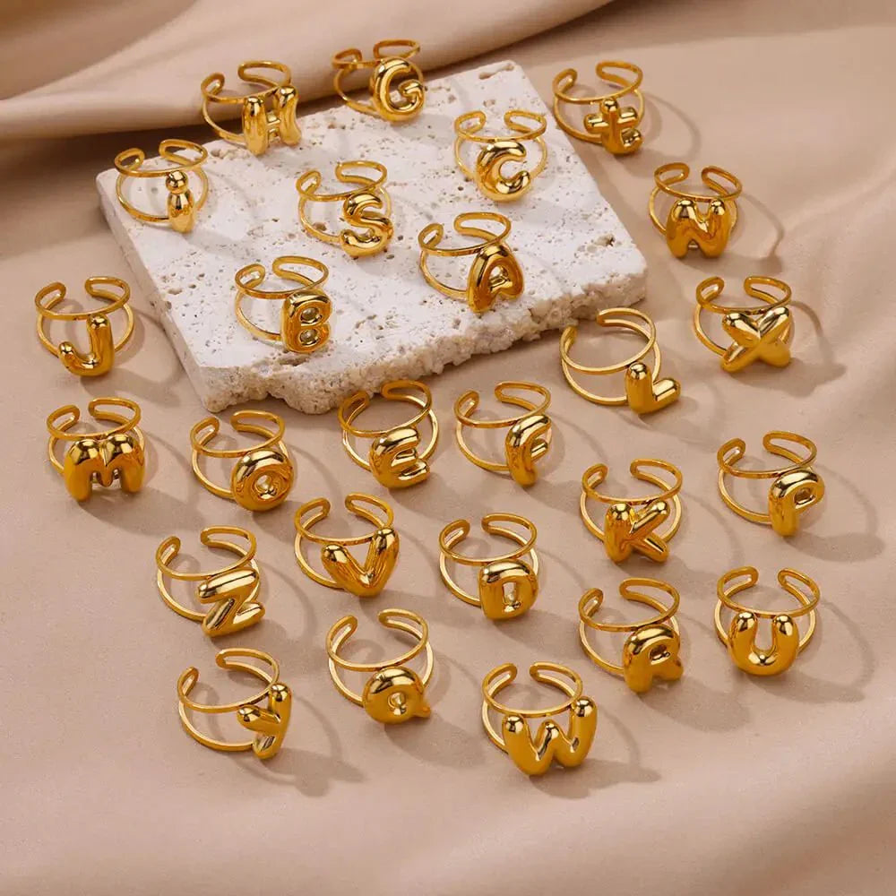 Maliben | Adjustable Open Band Bubble Letter Initial Ring