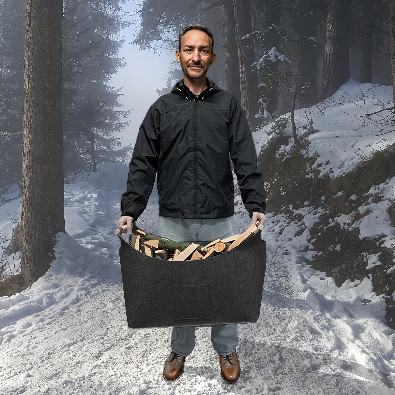 Maliben | Felt Log Basket Feldura | Collapsible | 55l Volume | With Wooden Handles & Leather Details | Dark Gray