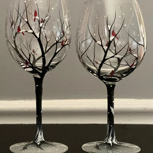 Maliben | Hand Painted Four Seasons Tree Wine Glasses | Unique Art