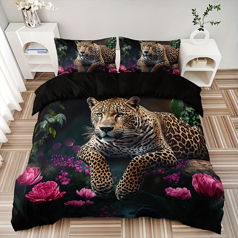 Maliben | Luxurious Animal Print Bedding Set With Rose Pattern - 3-Piece