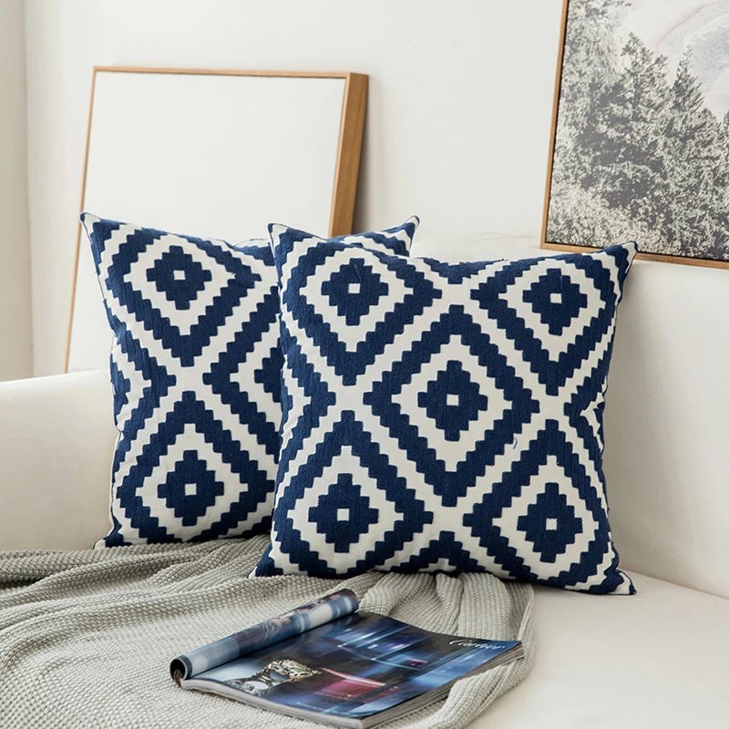 Maliben | Blue Embroidered Decorative Pillow With Ornament Pattern