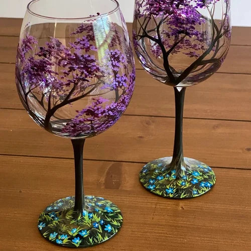Maliben | Hand Painted Four Seasons Tree Wine Glasses | Unique Art
