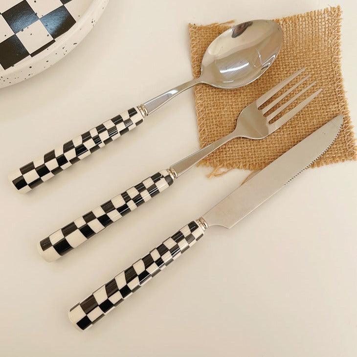 Maliben | Checked Stainless Steel Silver Cutlery Black Red Yellow Green