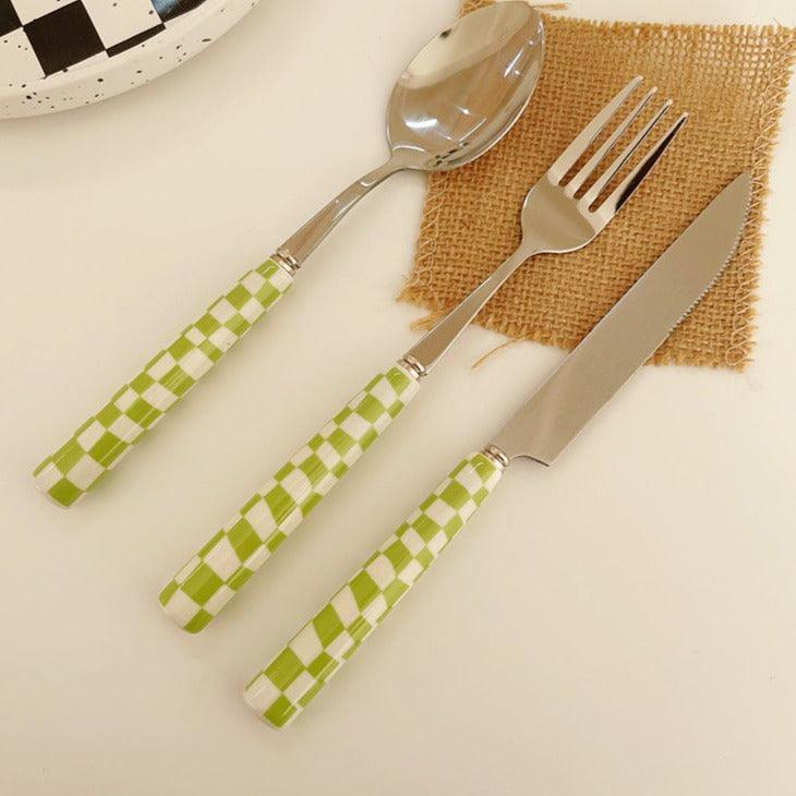 Maliben | Checked Stainless Steel Silver Cutlery Black Red Yellow Green
