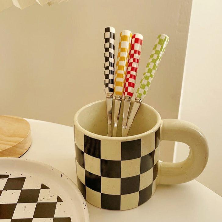 Maliben | Checked Stainless Steel Silver Cutlery Black Red Yellow Green