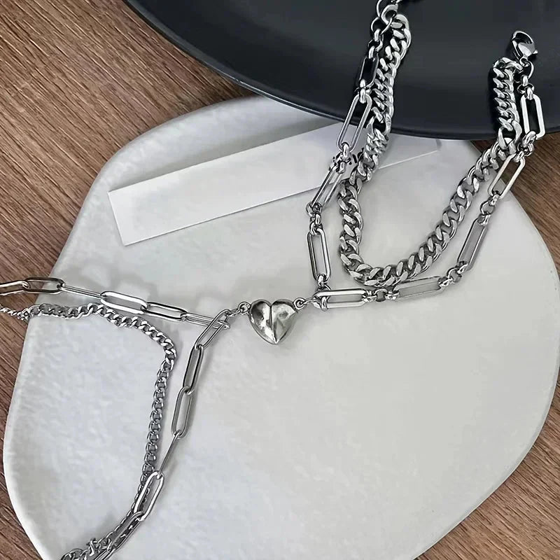 Maliben | Couples Magnetic Heart Cuban & Paperclip Chain Bracelet Set