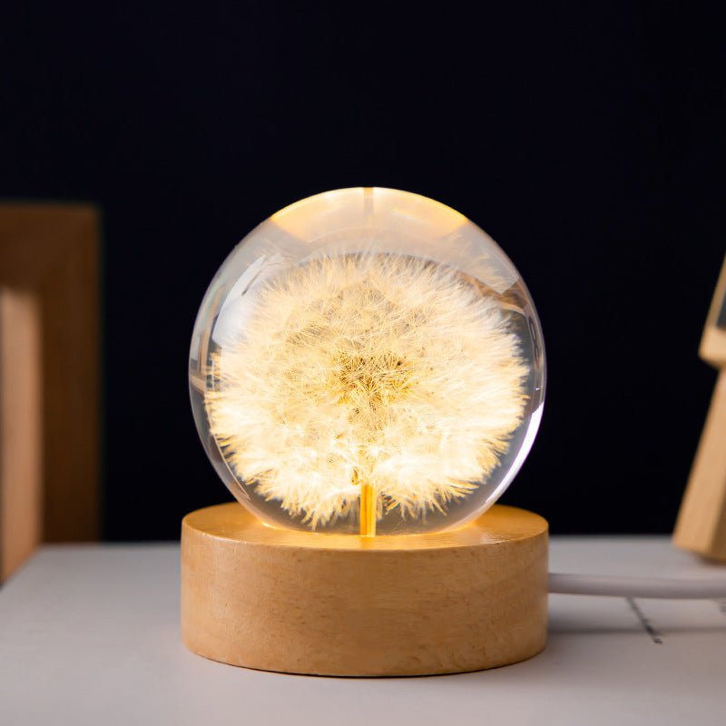 Maliben | Floralis Crystal Ball Lamp | 3d Flower Design | Dandelion & Daisy | Usb Wooden Base