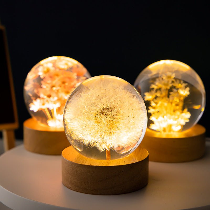 Maliben | Floralis Crystal Ball Lamp | 3d Flower Design | Dandelion & Daisy | Usb Wooden Base