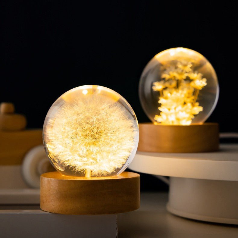 Maliben | Floralis Crystal Ball Lamp | 3d Flower Design | Dandelion & Daisy | Usb Wooden Base