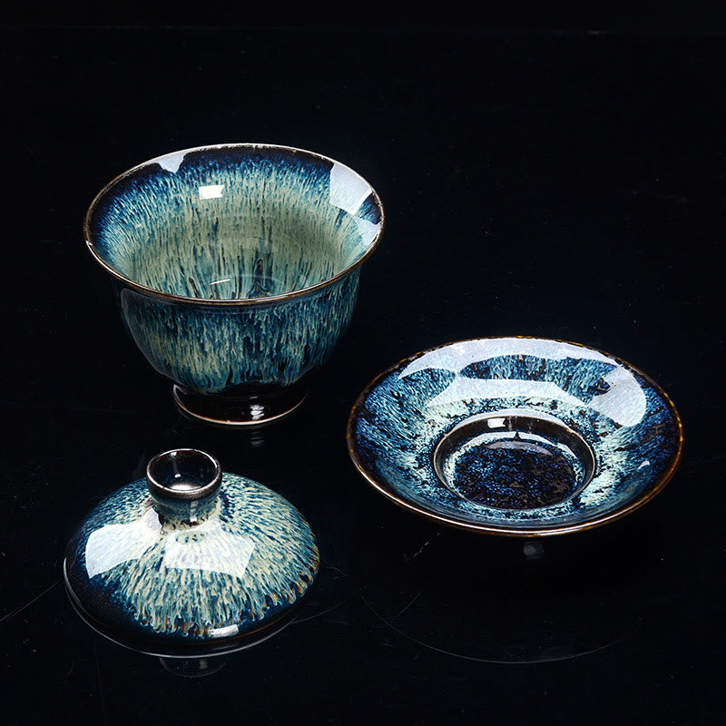 Maliben | Vintage Kiln Ceramic Gaiwan Sancai Tea Cup Tea Cup and Saucer with Lid