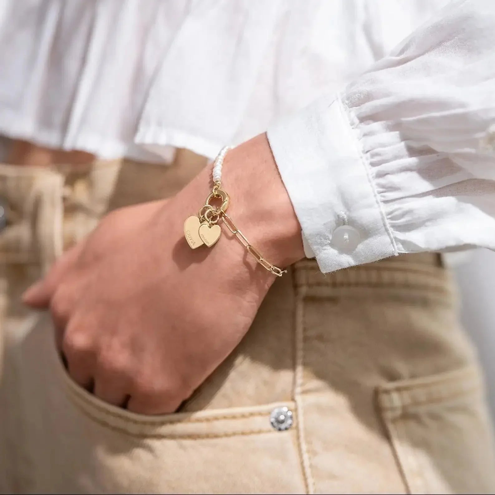 Maliben | Dainty Personalized Double Heart Pearl Paperclip Chain Bracelet
