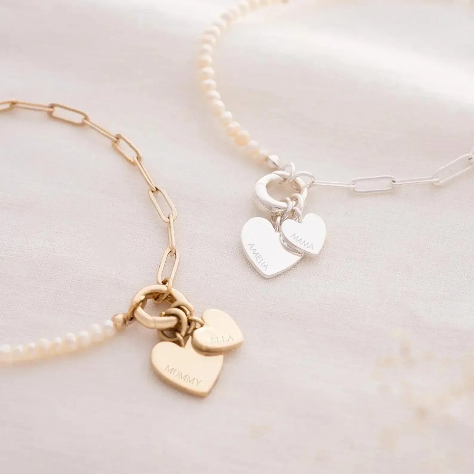 Maliben | Dainty Personalized Double Heart Pearl Paperclip Chain Bracelet