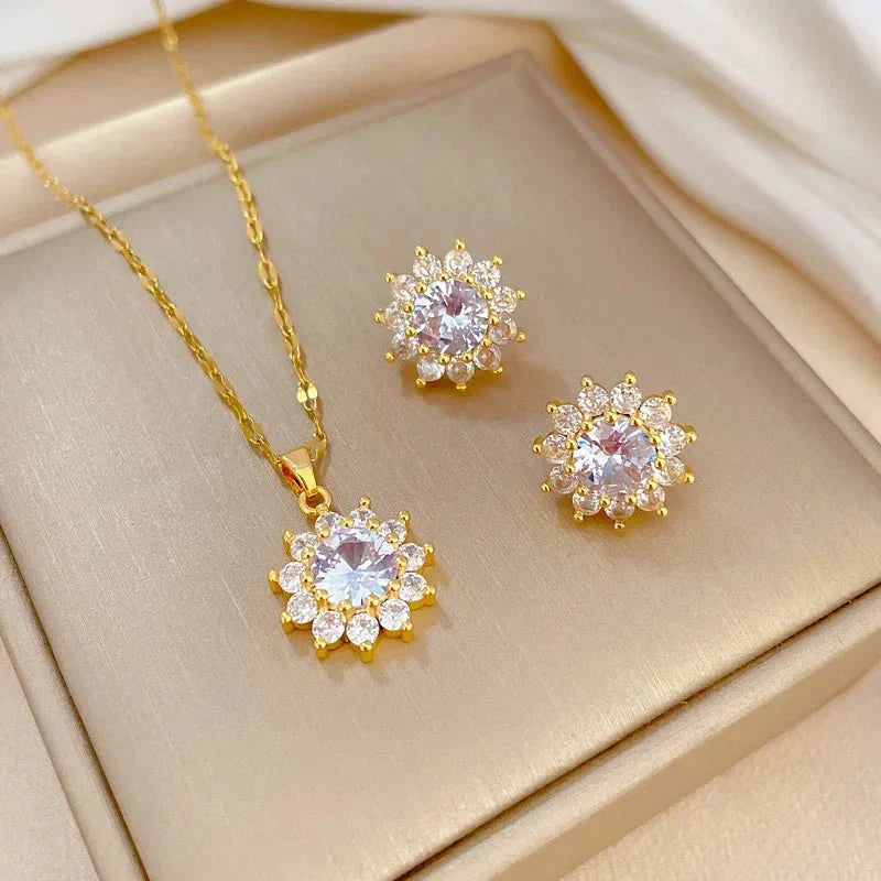 Maliben | Dazzling Sunflower Floral Necklace And Earrings