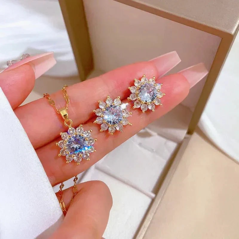 Maliben | Dazzling Sunflower Floral Necklace And Earrings