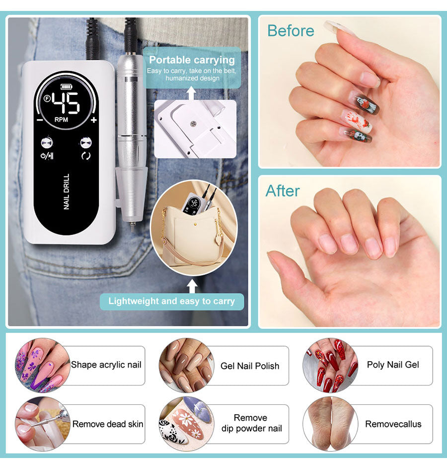 Maliben | Professional 45000rpm Portable Electric Nail File With Rechargeable Battery | Low Noise Level For Manicure