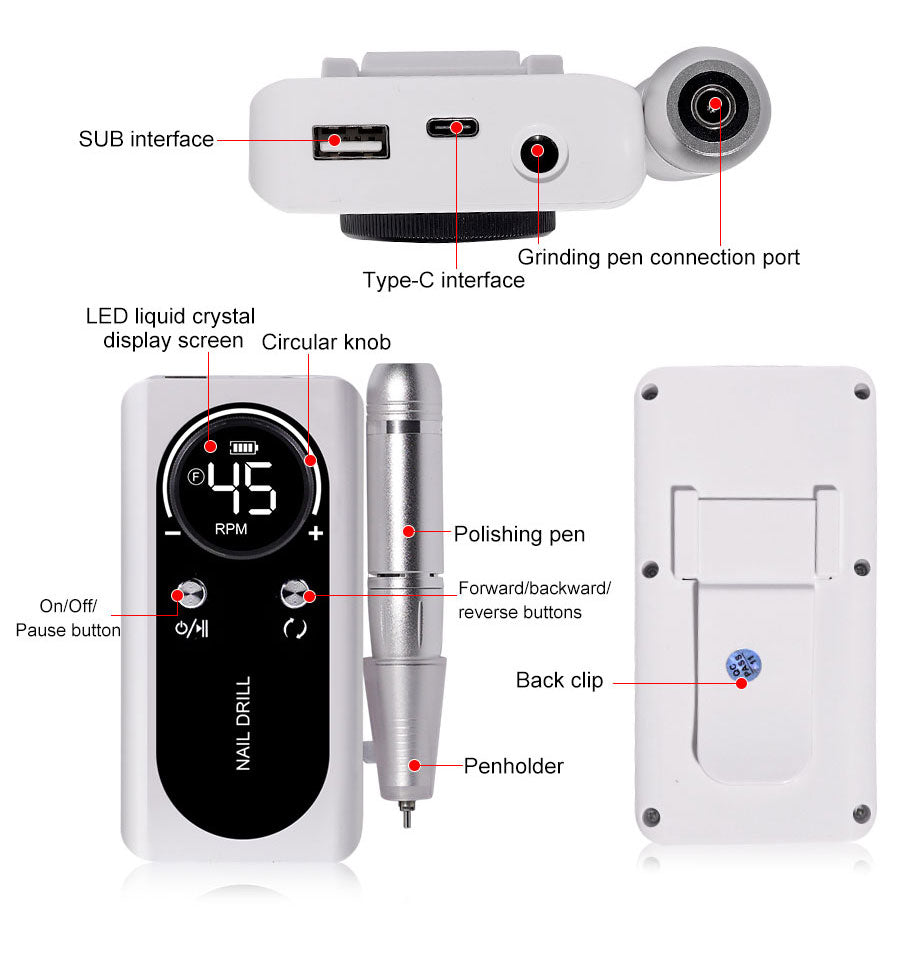 Maliben | Professional 45000rpm Portable Electric Nail File With Rechargeable Battery | Low Noise Level For Manicure