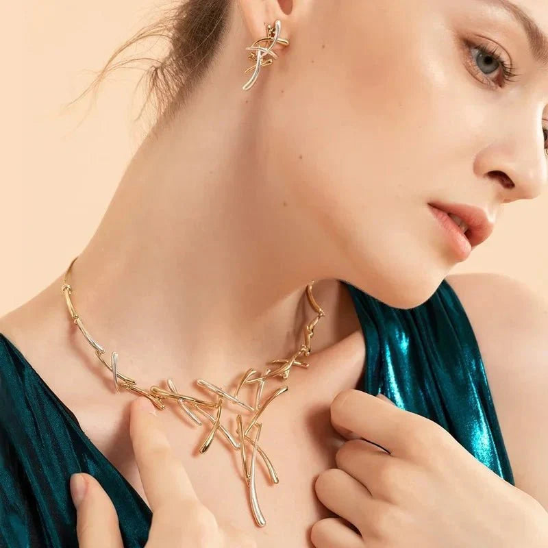 Maliben | Elegant Two-Tone Branch Cross Necklace And Earring Set