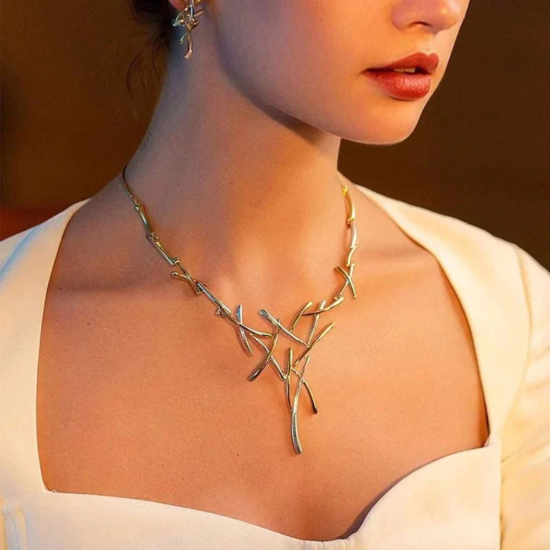 Maliben | Elegant Two-Tone Branch Cross Necklace And Earring Set