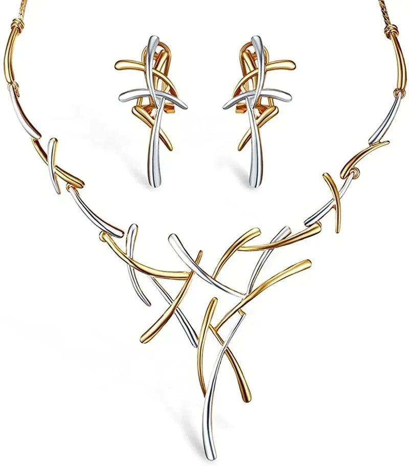 Maliben | Elegant Two-Tone Branch Cross Necklace And Earring Set