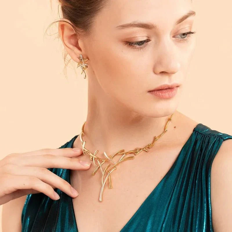 Maliben | Elegant Two-Tone Branch Cross Necklace And Earring Set
