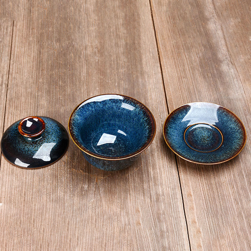 Maliben | Vintage Kiln Ceramic Gaiwan Sancai Tea Cup Tea Cup and Saucer with Lid