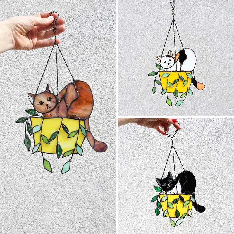 MAliben | Cat In a Flowerpot Suncatcher Window Hangins