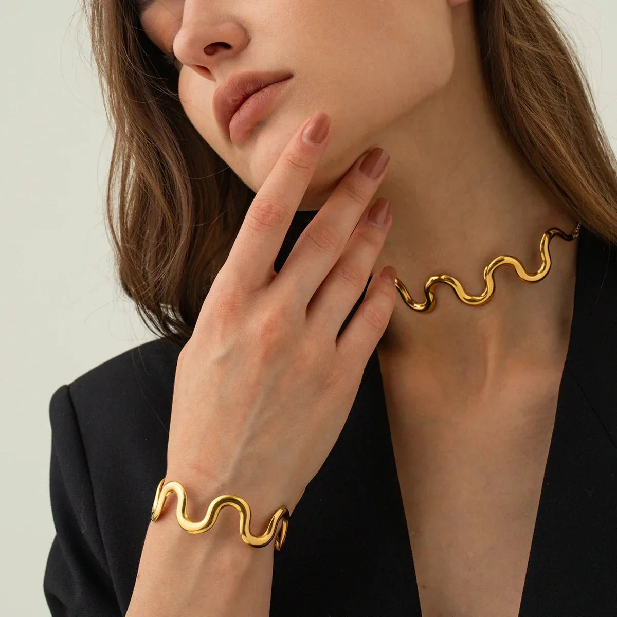 Maliben | Gold Wavy Statement Bracelet And Necklace