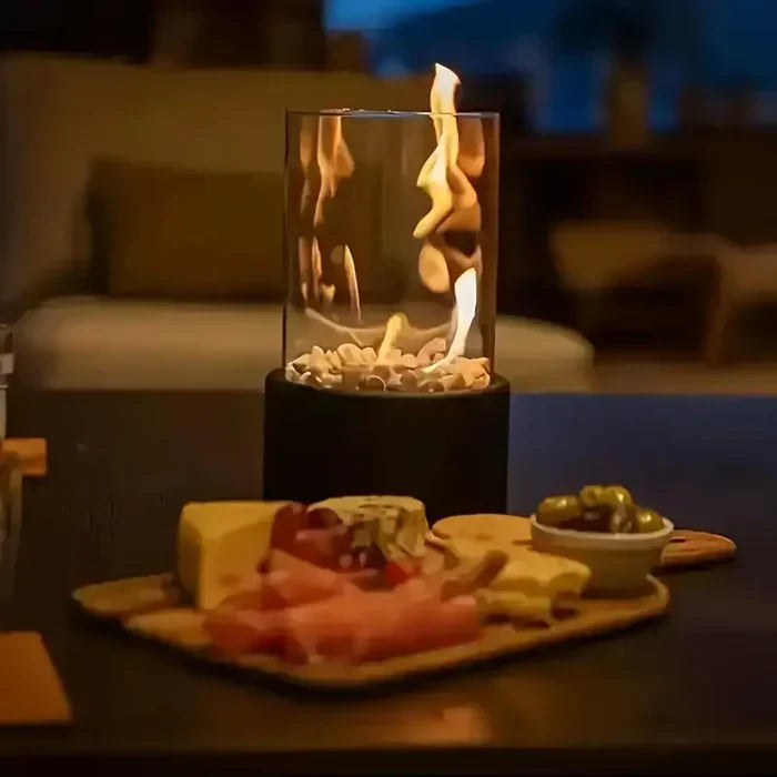 Maliben | Table Lantern Flammalume | Portable Decorative Fire Lamp | Modern Design & Flame Effect | For Indoor & Outdoor | Round Made Of Steel & Glass