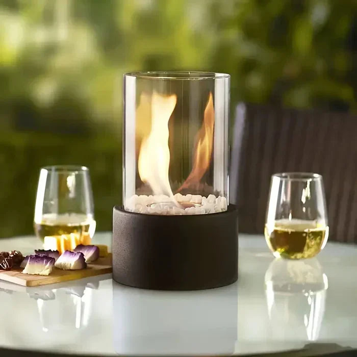 Maliben | Table Lantern Flammalume | Portable Decorative Fire Lamp | Modern Design & Flame Effect | For Indoor & Outdoor | Round Made Of Steel & Glass
