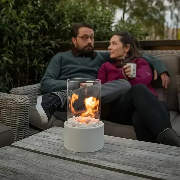 Maliben | Table Lantern Flammalume | Portable Decorative Fire Lamp | Modern Design & Flame Effect | For Indoor & Outdoor | Round Made Of Steel & Glass
