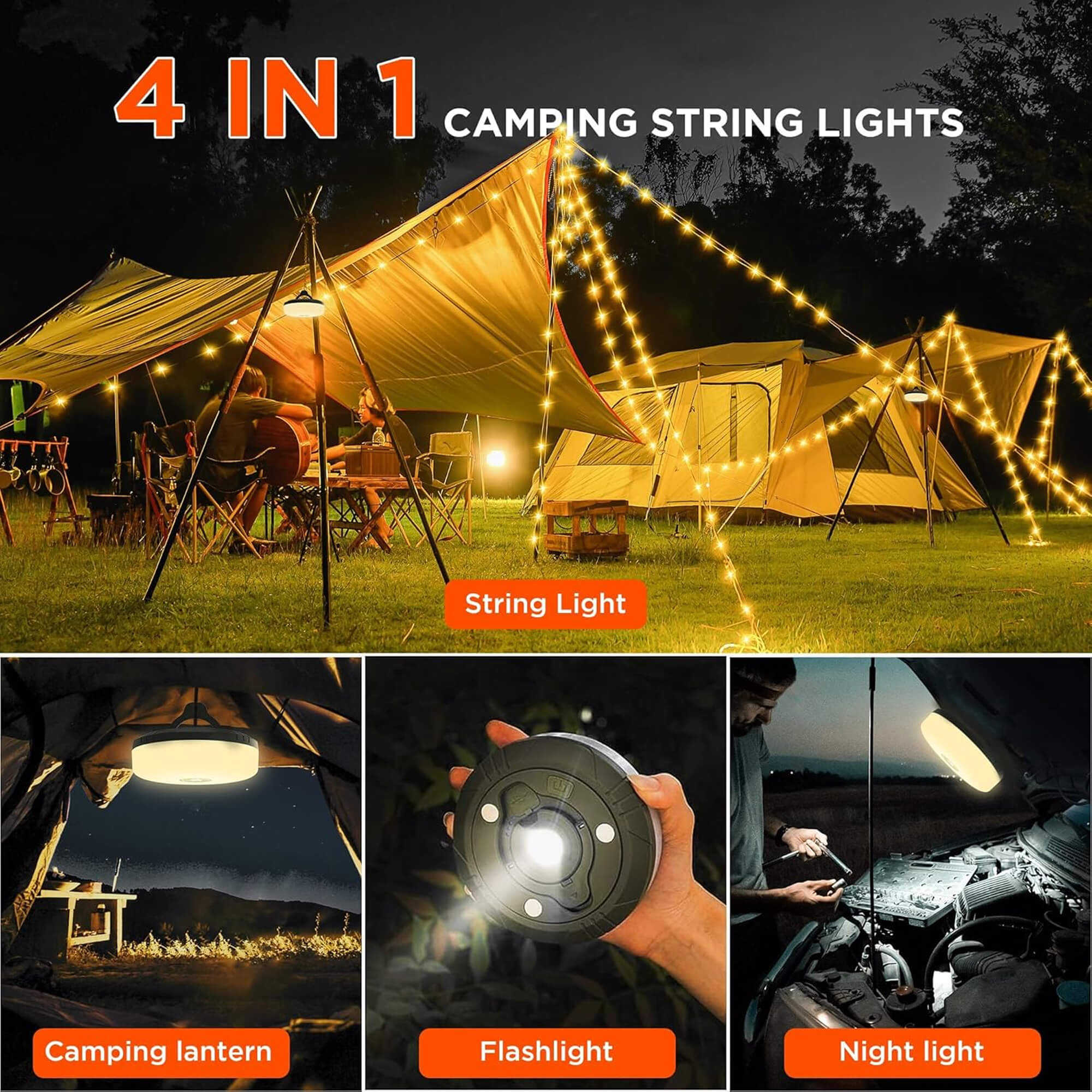 Maliben | 4 In 1 Camp Light – Portable Camping Lantern, String Lights With 8 Lighting Modes, Rechargeable Power Bank For Outdoor Adventures