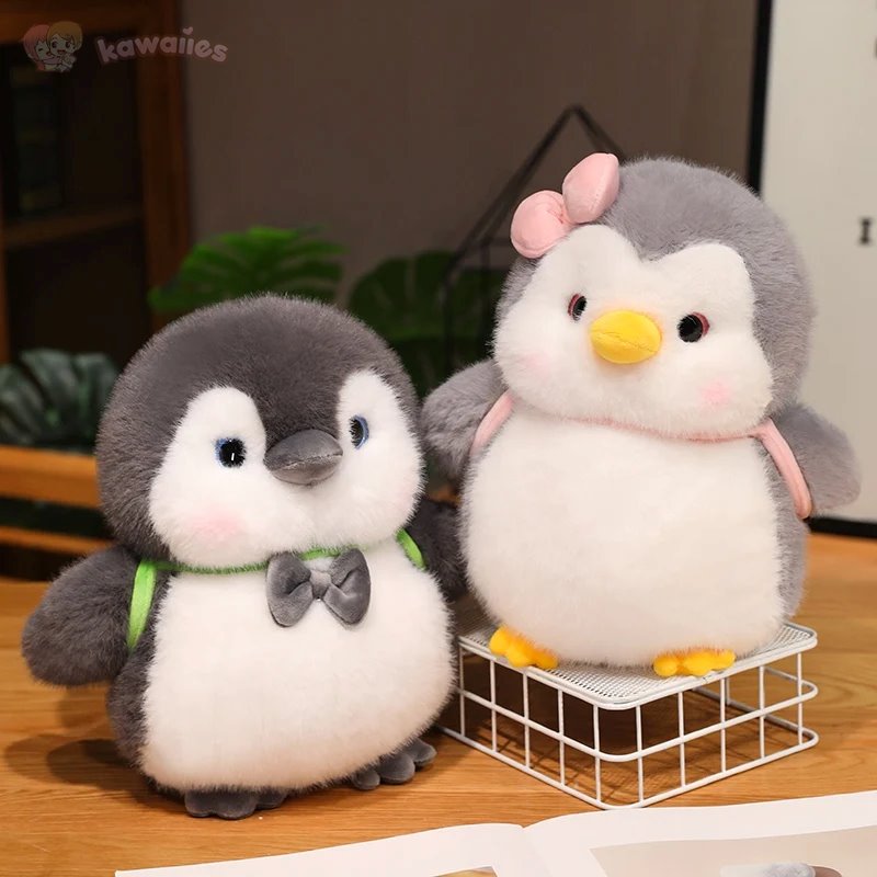 Maliben | Fluffy Gray Penguin Plushie With Turtle Backpack