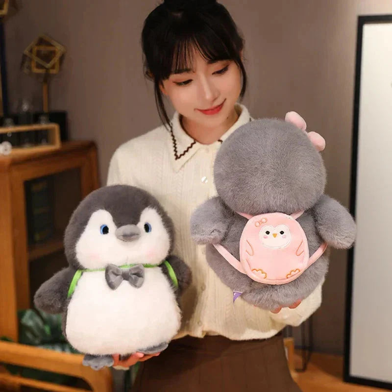 Maliben | Fluffy Gray Penguin Plushie With Turtle Backpack