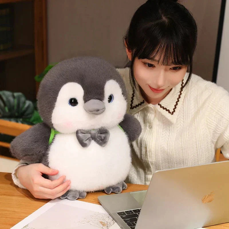 Maliben | Fluffy Gray Penguin Plushie With Turtle Backpack