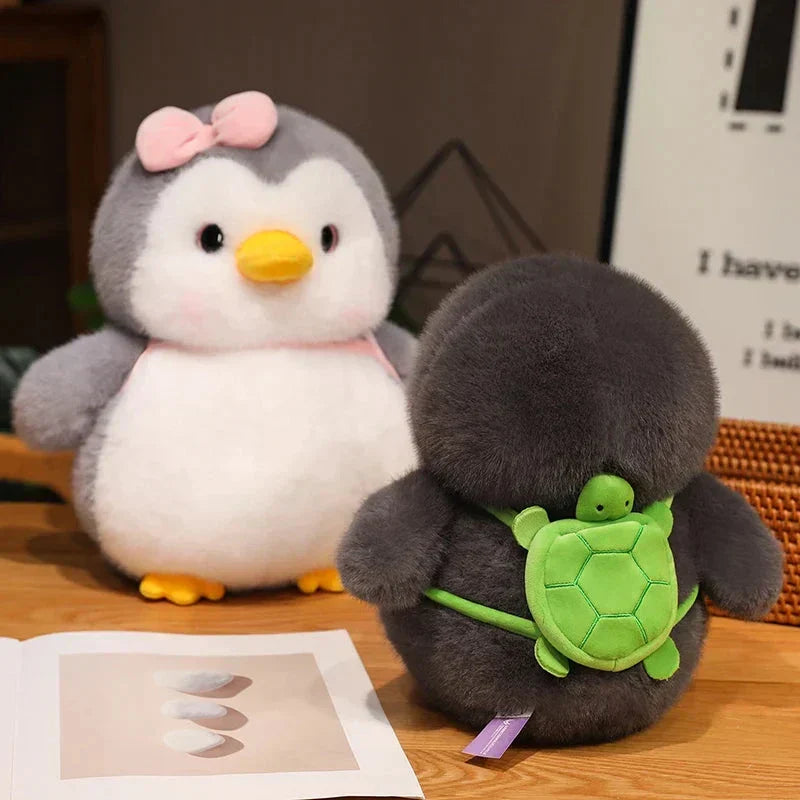 Maliben | Fluffy Gray Penguin Plushie With Turtle Backpack